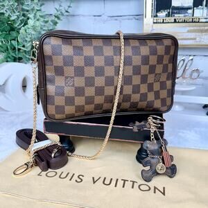 Louis Vuitton Damier Ebene Trousse crossbody clutch bag chain charm and dust bag